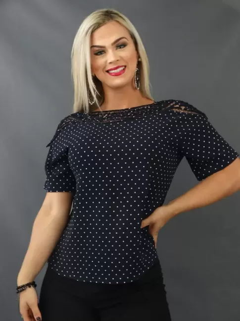 Blusa de Manga com Detalhe Trabalhado na Gola em Crepe Azul Marinho Poá [2103039]
