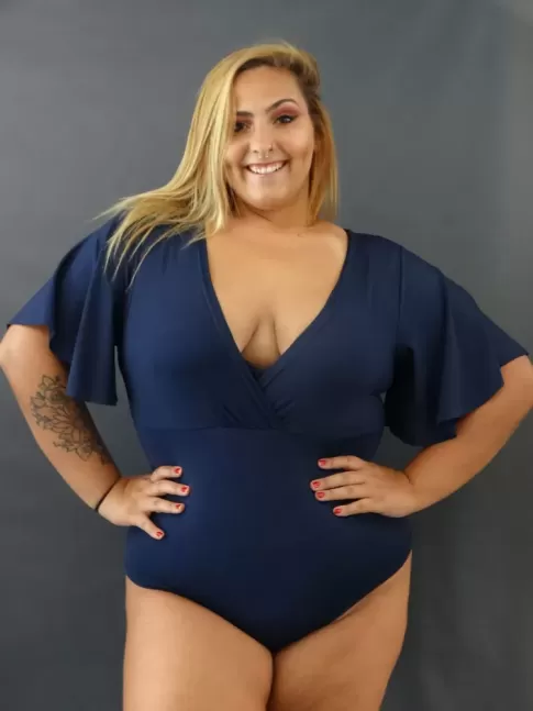 Body Decote "V" com Manga Flare em Suplex Plus Size Azul Marinho 2009146]