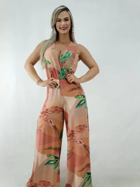 Macacão Pantalona em Viscose Alça Larga Decote Transpassado Rose Geométrico Folhas [2001005]