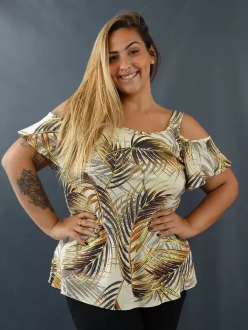 Blusa Evase Ombro Vazado em Viscose Plus Size Off Folhas F  [2203025]