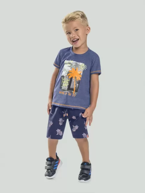 Conjunto Infantil Masculino Blusa T-shirt e Short Estampado Azul e Laranja [2008211&91;