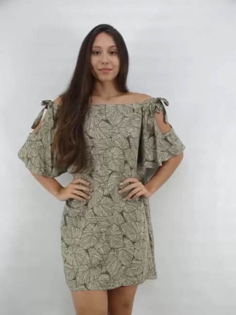 Vestido Ciganinha Manga Flare em Viscose Verde Folhas Nude [2303032]