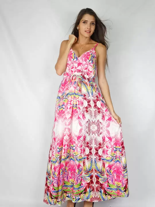 Vestido Longo Alcinha Tecido Viscose Estampa Folhas Rosa