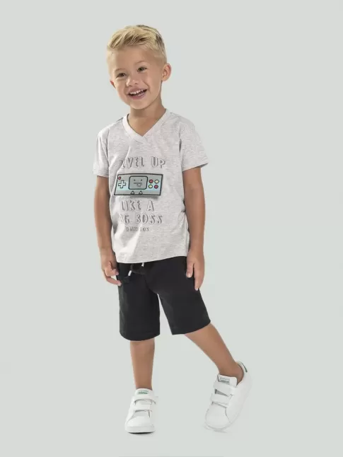 Conjunto Infantil Masculino Blusa T-Shirt Gamer e Short Moletinho Cinza e Preto [2008213]