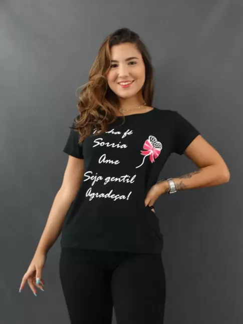 Blusa Feminina T-shirt Estampada em Viscolycra Preto Tenha Fe Sorria Ame Seja Gentil Agradeca[2109201]