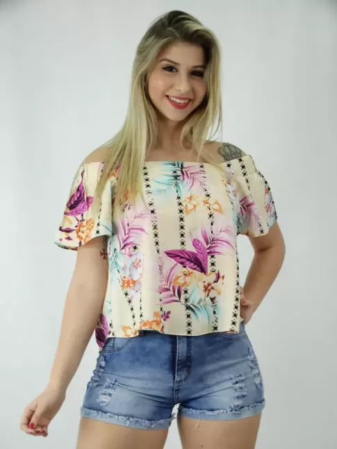 Blusa em Viscose Ciganinha Estilo Bata Amarelo Flores e Folhas [1809192]