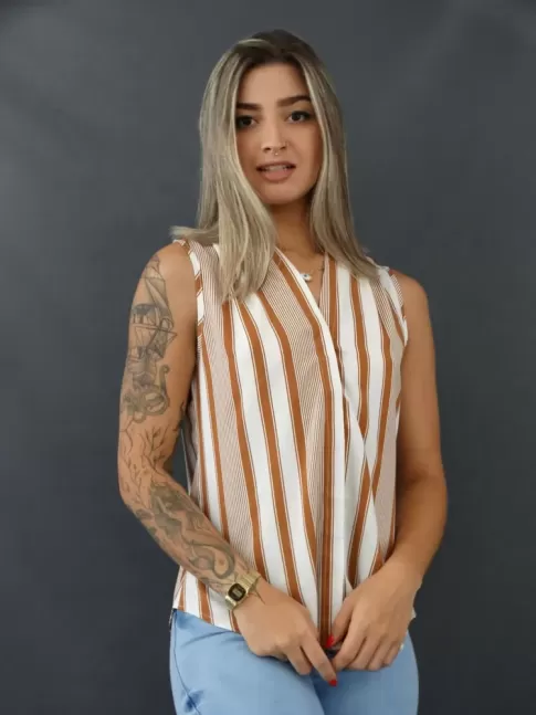 Blusa de Alça Larga com Botões em Cetim Branco Listras Marrom [2103042&91;