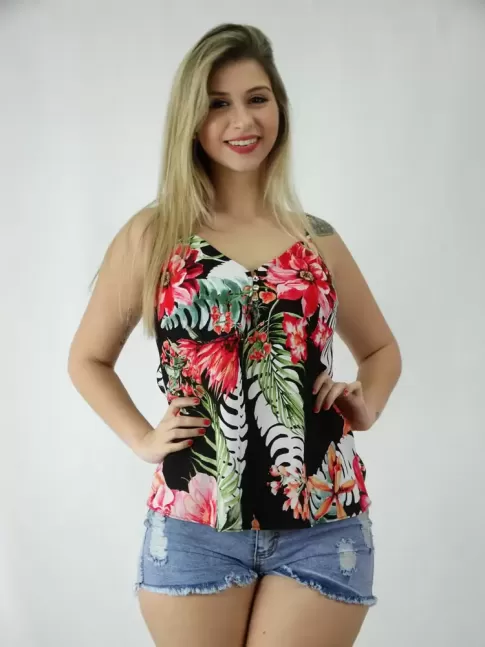 Blusa em Viscose de alca com Botoes Preto Flores [1809203]