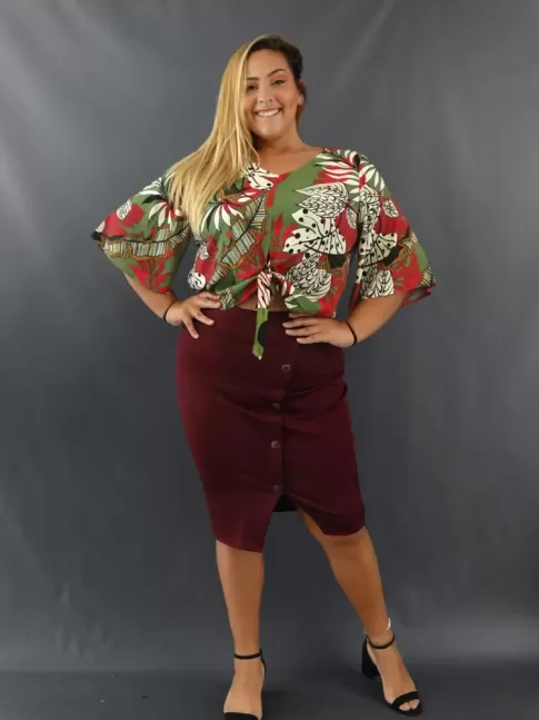 Saia Midi Frente com Botões e Fenda Plus Size em Jacquard Vinho[2106024]