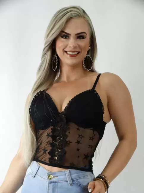 Cropped em Suplex com Bojo Detalhes com Renda Estrelas Preto [1911264]