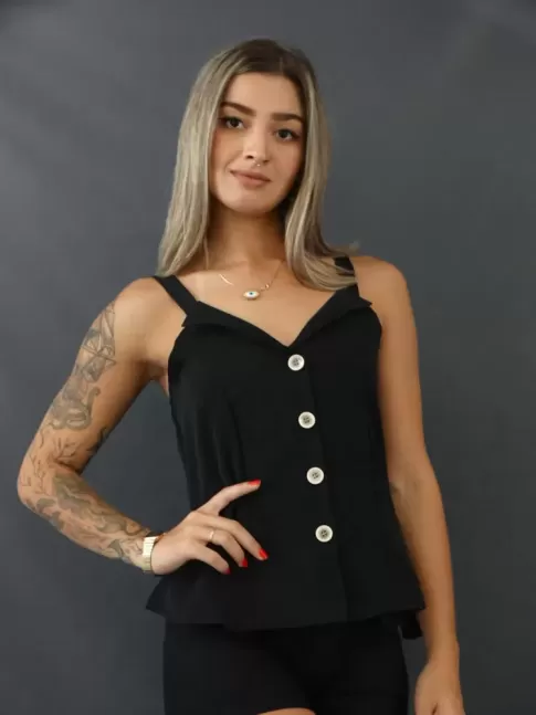 Blusa de Alça com botões em Oxford Preto [2103019]