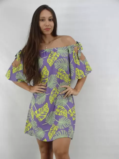Vestido Ciganinha Manga Flare em Viscose Lilas Folhas Colors [2303029]