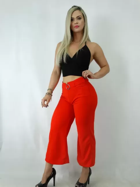 Calça Pantacourt Em Tecido com Fivela Vermelho Alaranjado [1901227]