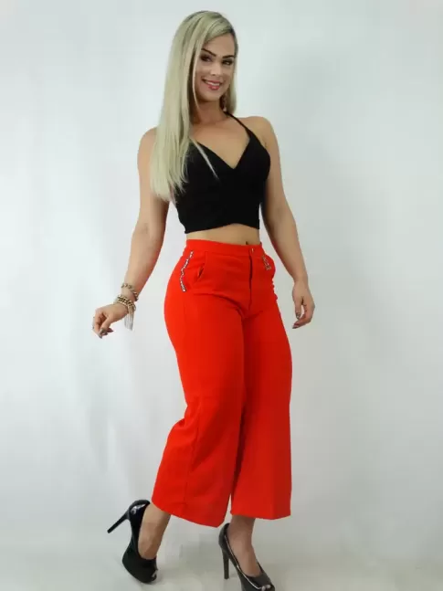 Calça Pantacourt Em Tecido Frente com Bolsos e Pingentes Vermelho Alaranjado [1901230]