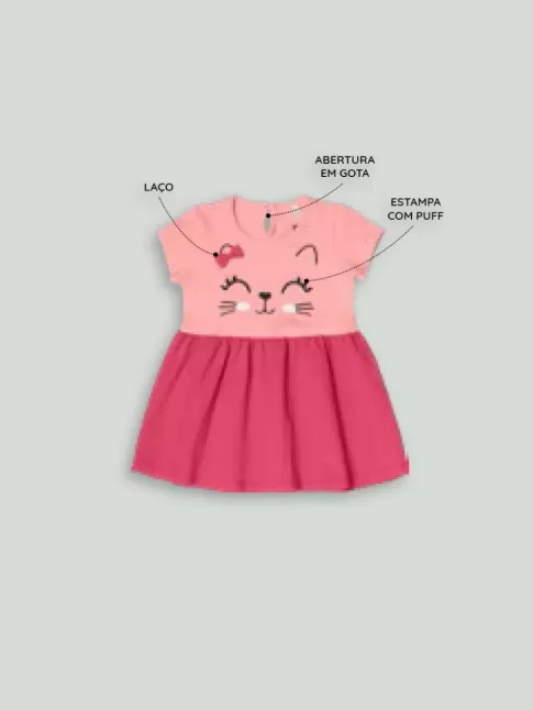 Vestido Infantil em Cotton Lycra Estampa Gata Rosa [2008200]