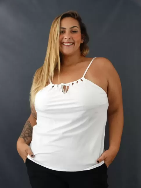Blusa Feminina de Alça Decote V Vazado em Viscose Plus Size Branco [2110078]