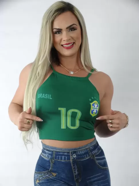 Blusa Feminina Cropped de Alça com Bojo Copa do Mundo Brasil em Suplex Verde [2209094]