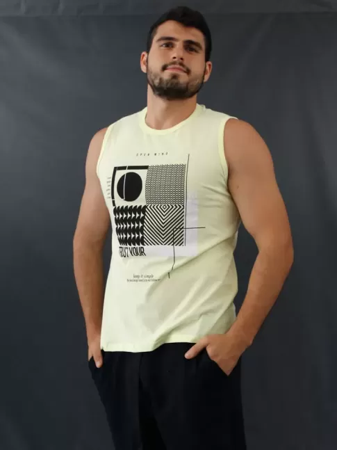 Camiseta Masculina Regata Estampada Geométrica Amarelo [2010183]