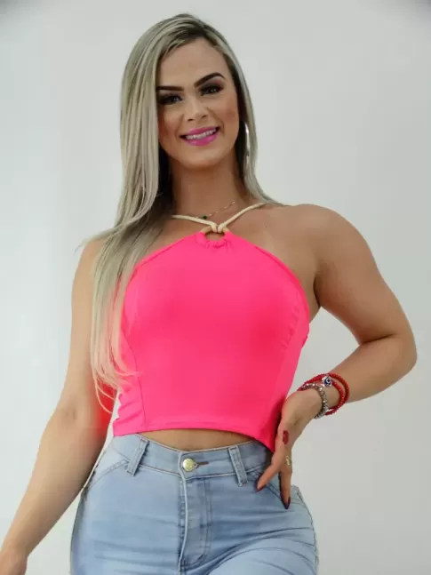 Cropped com Bojo e Argola Frente Unica em Suplex Rosa Neon [2001329]